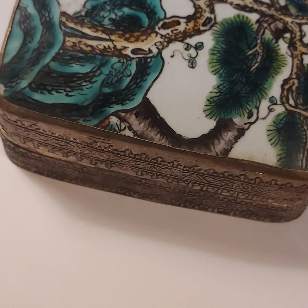Chinese Porcelain Shard Box Vintage tree botanical floral design